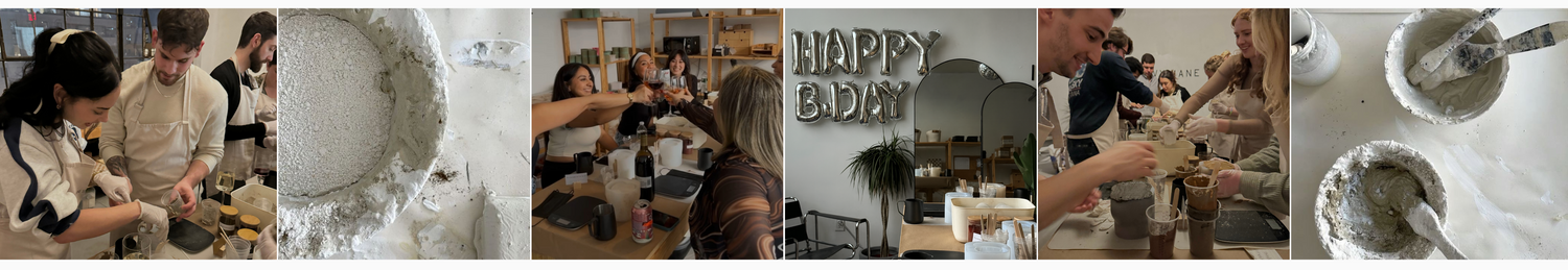 Collage of people working with clay in a pottery studio, featuring a 'Happy Birthday' sign.