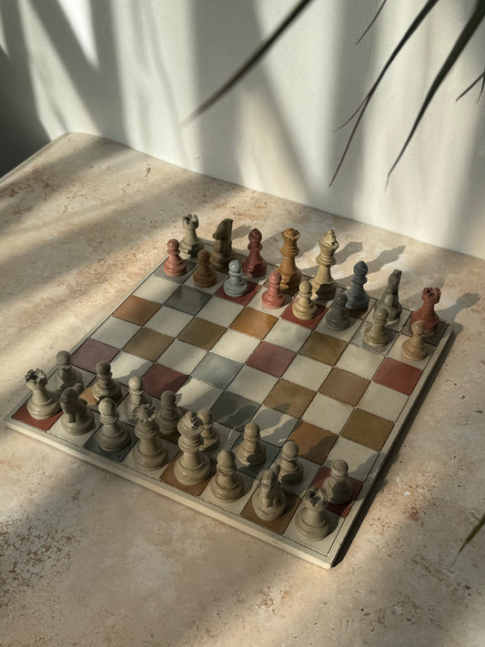 multicolor, handmade concrete chessboard. aesthetic chess board made from concrete